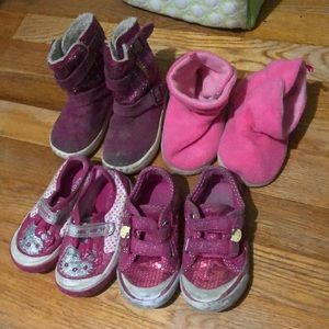 4 shoes: 2 hello kitty sneakers (6 + 6.5), stride rite boots 6, pink slippers 6
